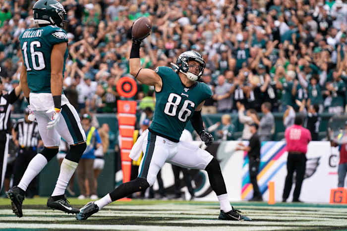 Zach Ertz spikes the ball after scoring his first touchdown of the season.